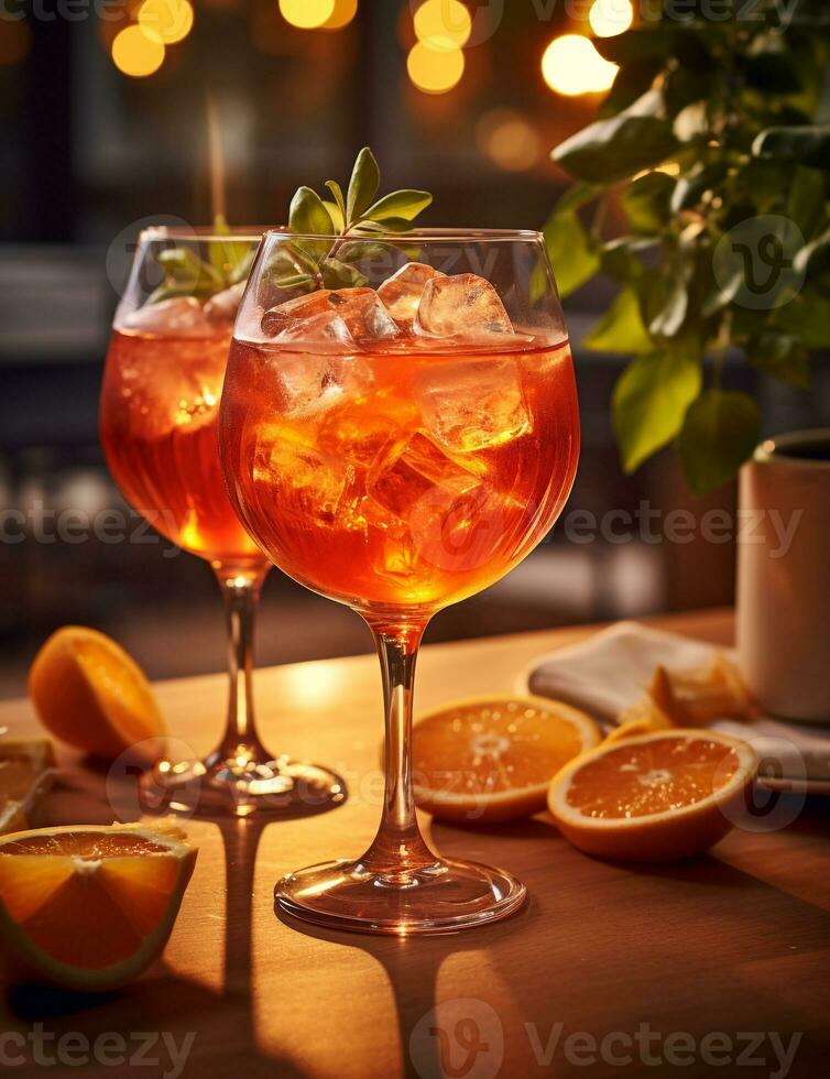 Photo of some Aperol Spritz drink elegantly plated on a table. Generative AI