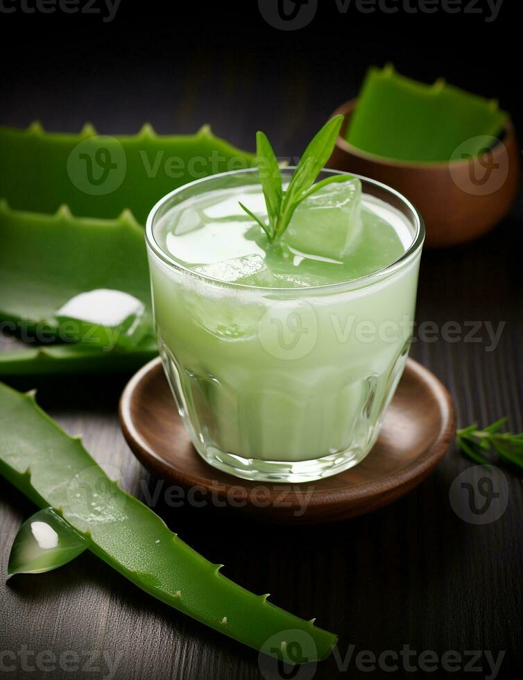 Photo of some Aloe Vera Drink drink elegantly plated on a table. Generative AI