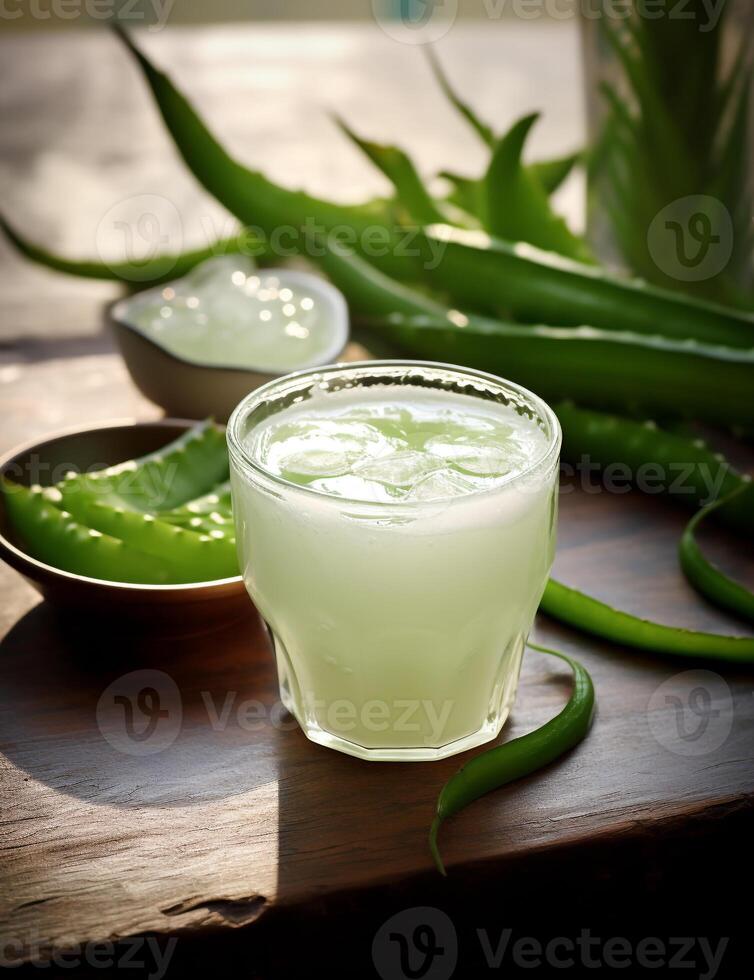 Photo of some Aloe Vera Drink drink elegantly plated on a table. Generative AI