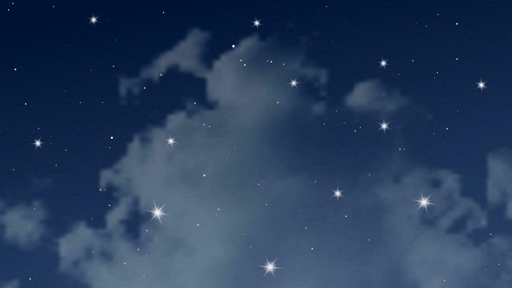 Night sky with clouds and many stars. Abstract nature background with stardust in deep universe. Vector illustration.