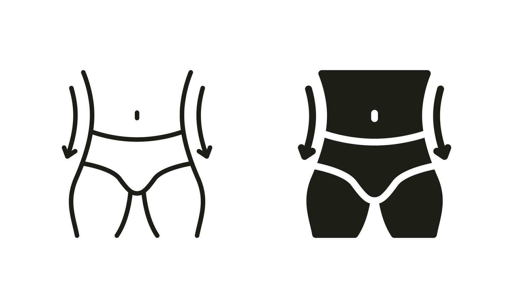 forma cintura control. masculino cuerpo adelgazar símbolo recopilación. hombre pérdida peso pictograma. adelgazar cintura línea y silueta negro icono colocar. aislado vector ilustración.