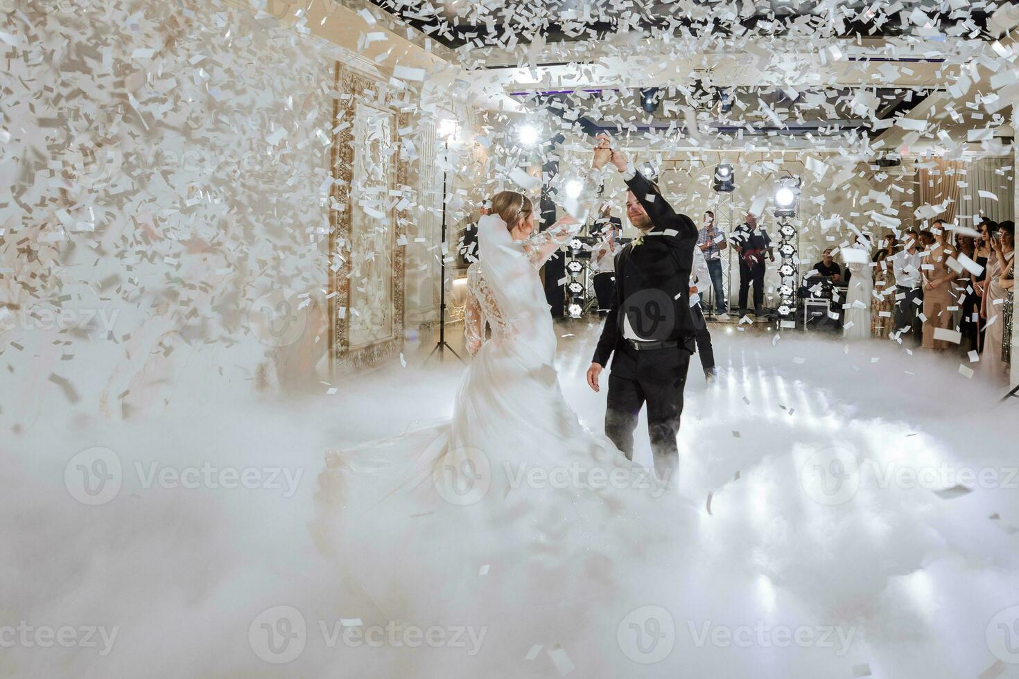 Bride and Groom Chair at Wedding Reception. Everything is almost finished for wedding ceremony. Banquet wedding 30214883 Stock Photo at Vecteezy