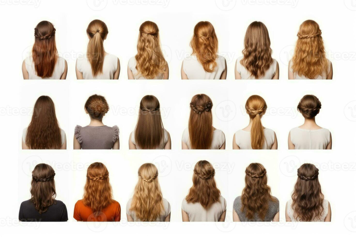 Women with different hairstyles on a white background. Generative AI technology. photo