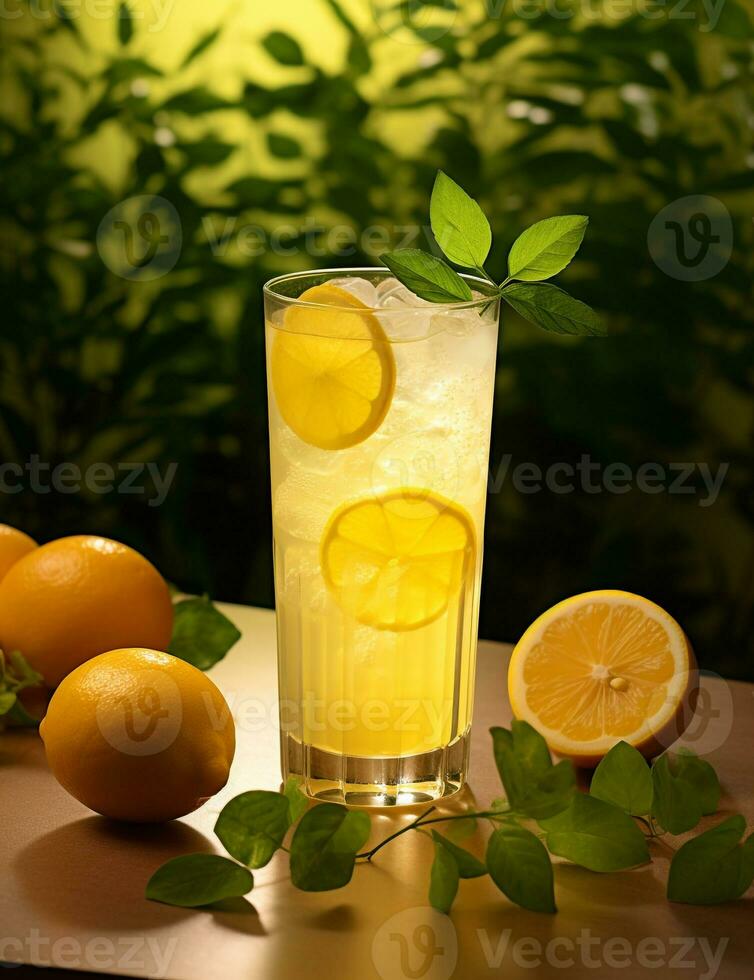 Photo of some Yuzu Citrus Drink drink elegantly plated on a table. Generative AI