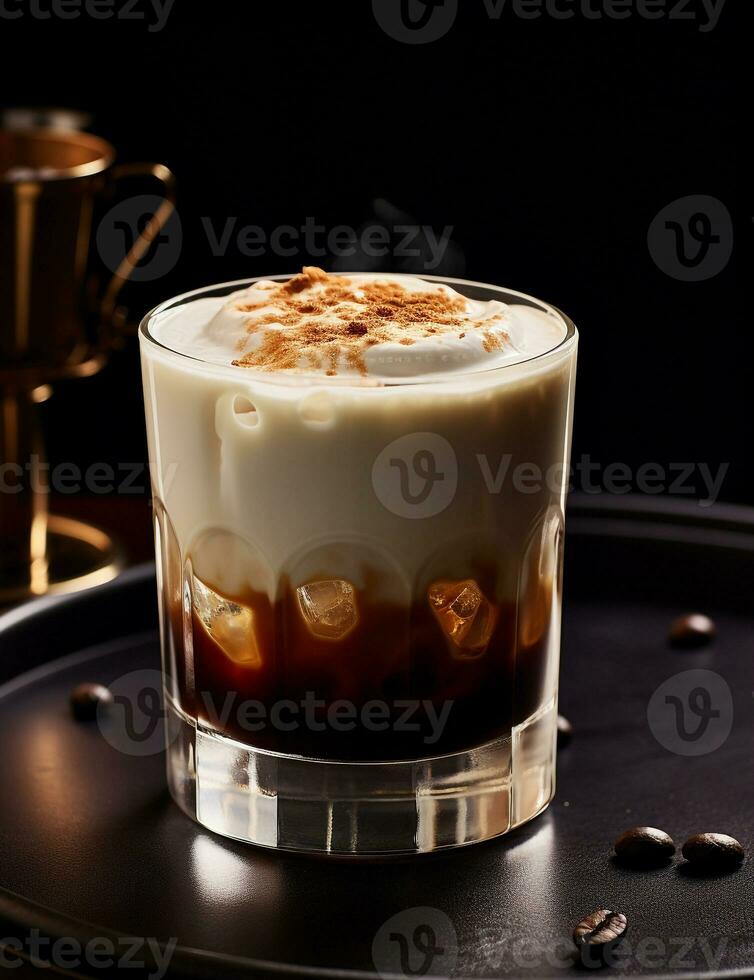 Photo of some White Russian drink elegantly plated on a table. Generative AI