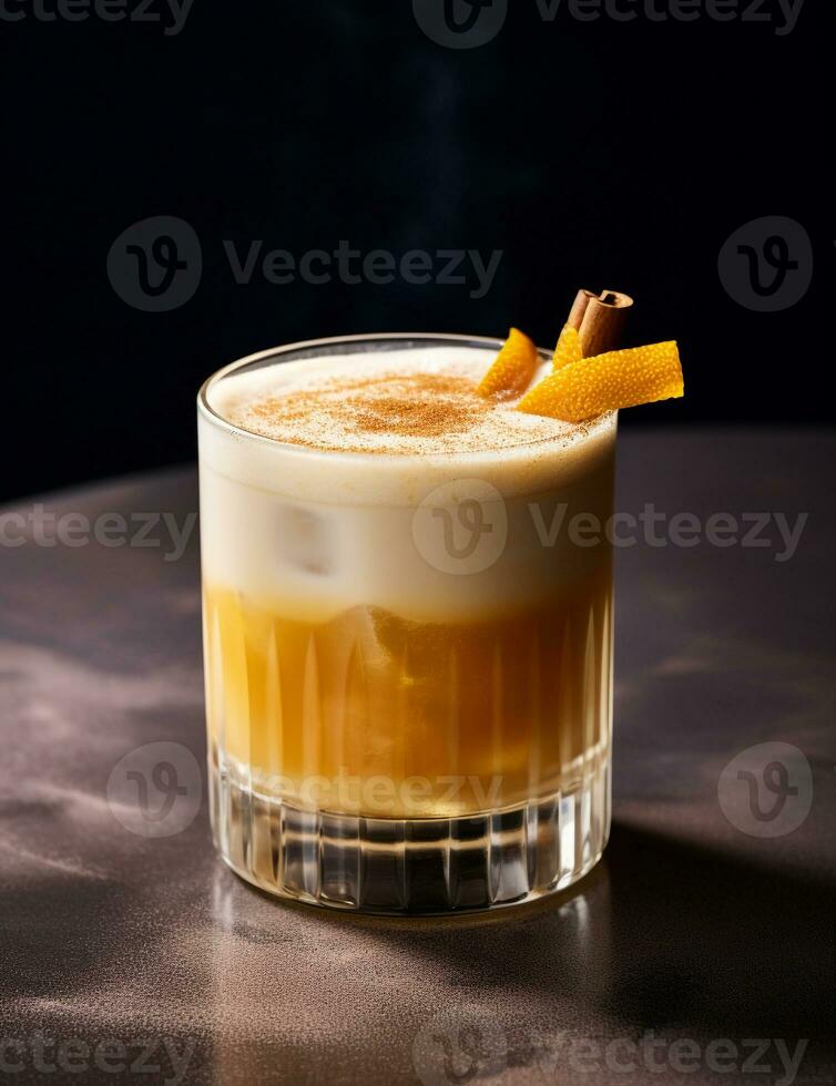 Photo of some Whiskey Sour drink elegantly plated on a table. Generative AI