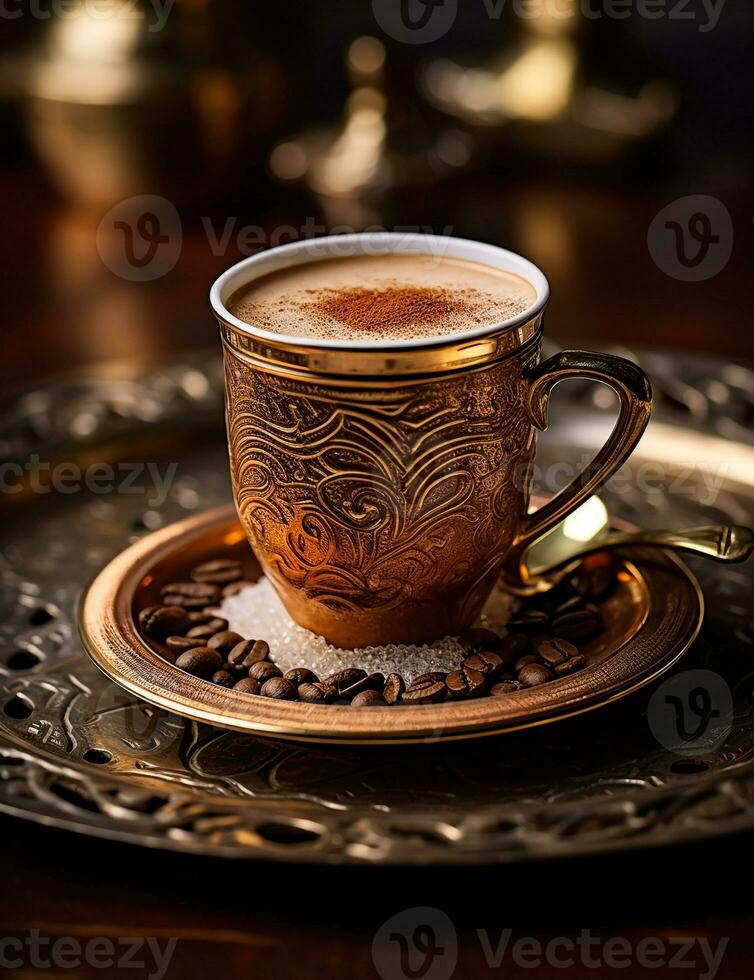 Photo of some Turkish Coffee drink elegantly plated on a table. Generative AI