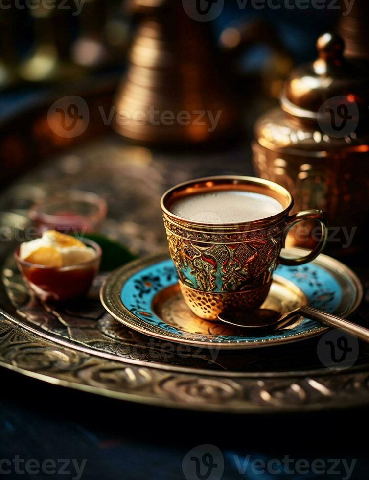 foto de algunos turco café bebida esmeradamente chapado en un mesa. generativo ai