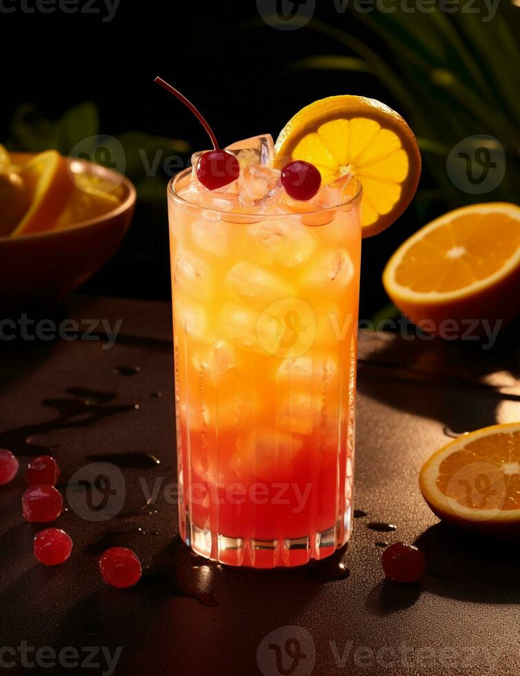 Photo of some Tequila Sunrise drink elegantly plated on a table. Generative AI