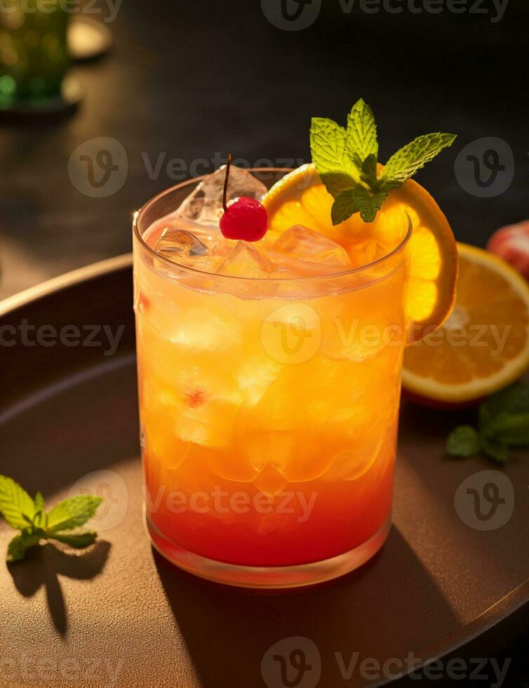 Photo of some Tequila Sunrise drink elegantly plated on a table. Generative AI