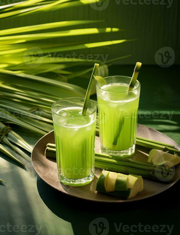 Photo of some Sugarcane Juice drink elegantly plated on a table. Generative AI