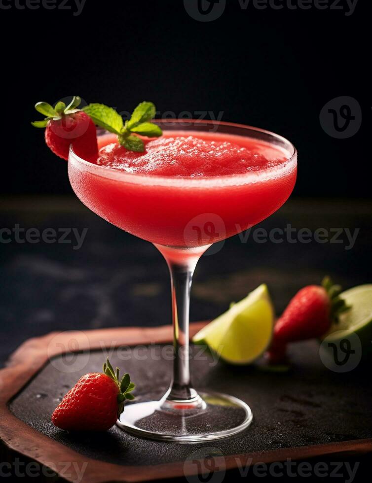 Photo of some Strawberry Daiquiri drink elegantly plated on a table. Generative AI