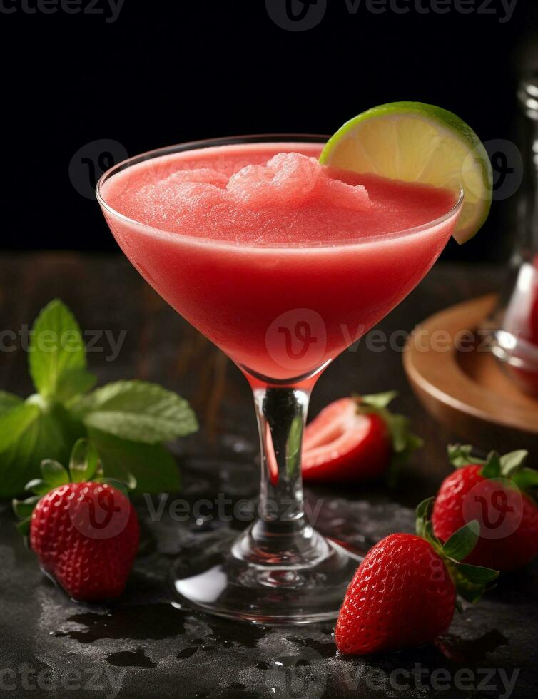 Photo of some Strawberry Daiquiri drink elegantly plated on a table. Generative AI