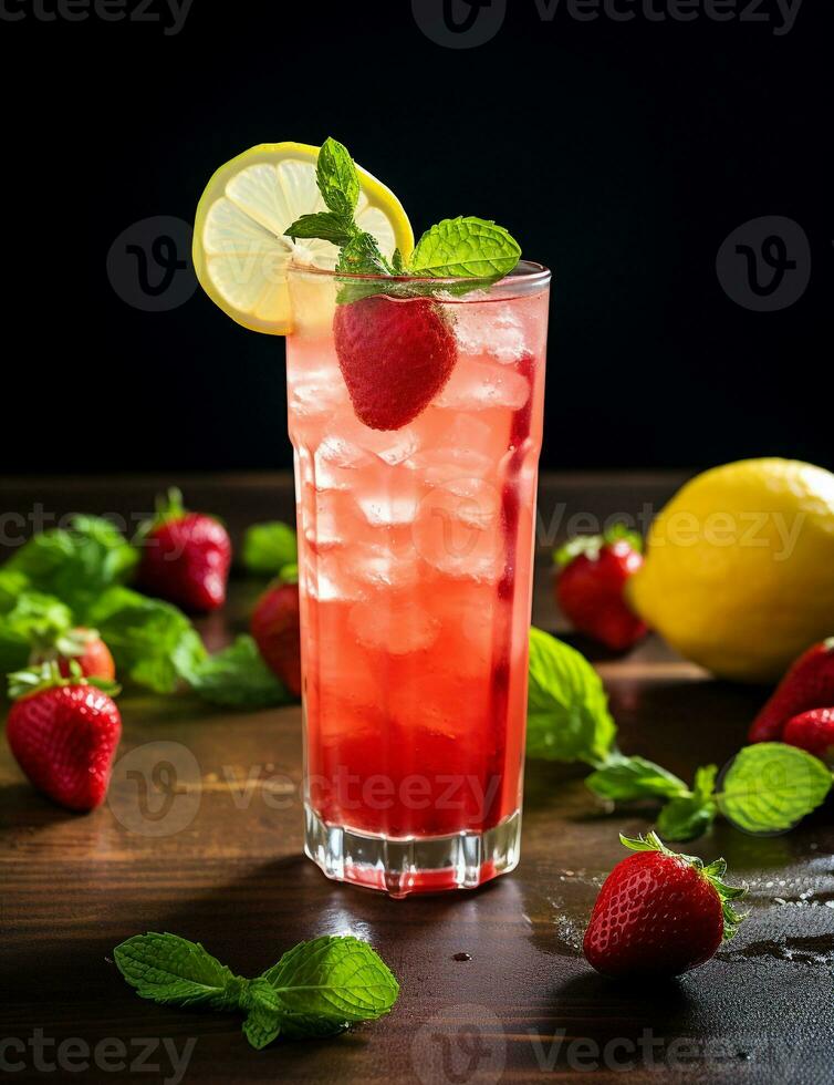 Photo of some Strawberry Lemonade drink elegantly plated on a table. Generative AI