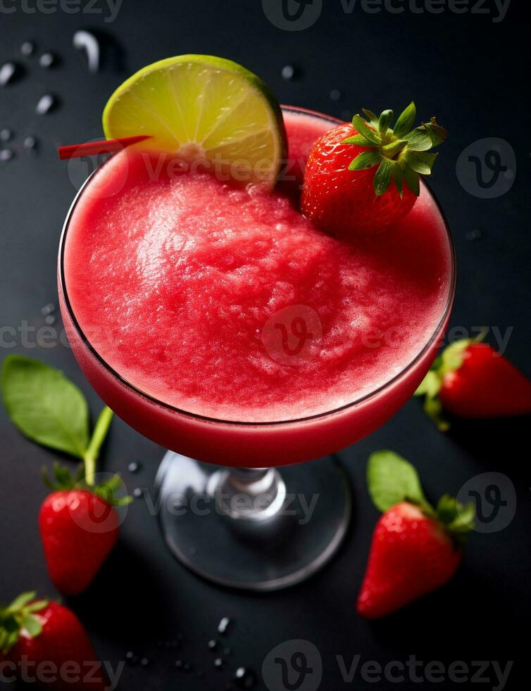 Photo of some Strawberry Daiquiri drink elegantly plated on a table. Generative AI