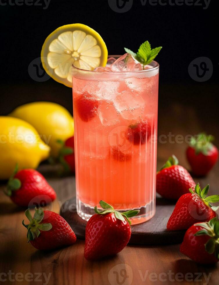 Photo of some Strawberry Lemonade drink elegantly plated on a table. Generative AI