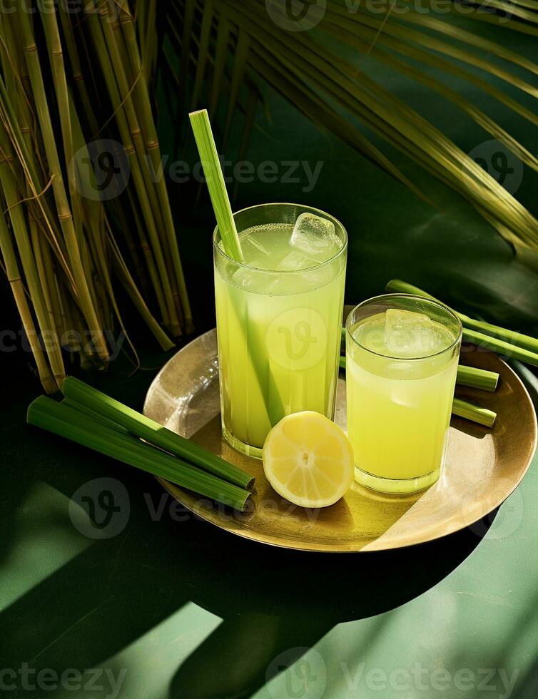 Photo of some Sugarcane Juice drink elegantly plated on a table. Generative AI