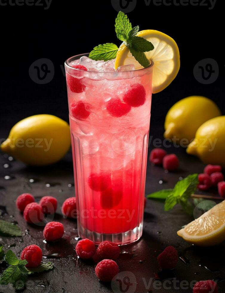 Photo of some Raspberry Lemonade drink elegantly plated on a table. Generative AI