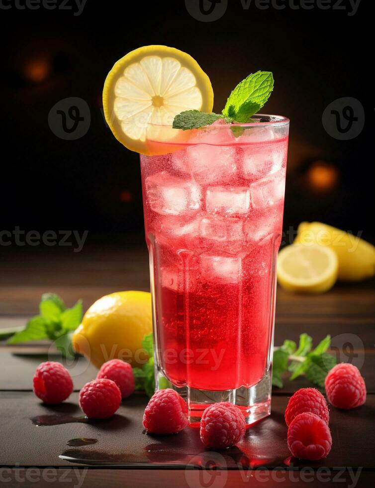 Photo of some Raspberry Lemonade drink elegantly plated on a table. Generative AI