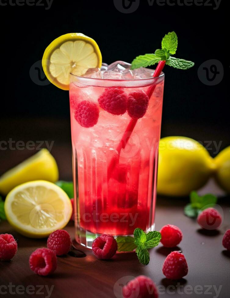 Photo of some Raspberry Lemonade drink elegantly plated on a table. Generative AI