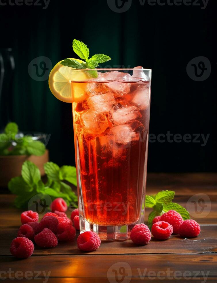 Photo of some Raspberry Iced Tea drink elegantly plated on a table. Generative AI