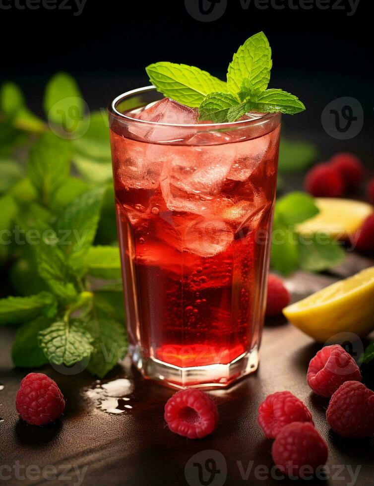 Photo of some Raspberry Iced Tea drink elegantly plated on a table. Generative AI