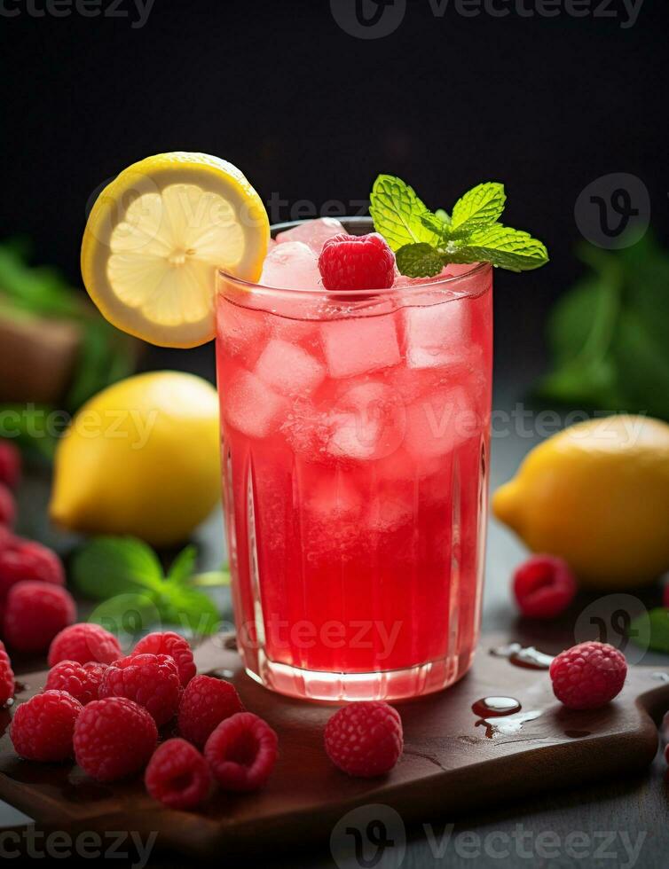 Photo of some Raspberry Lemonade drink elegantly plated on a table. Generative AI