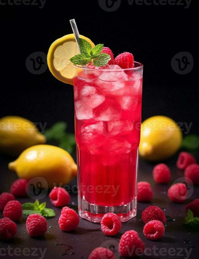 Photo of some Raspberry Lemonade drink elegantly plated on a table. Generative AI