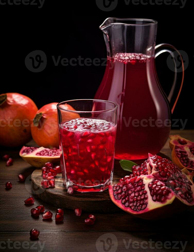 Photo of some Pomegranate Juice drink elegantly plated on a table. Generative AI