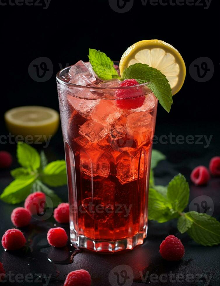 Photo of some Raspberry Iced Tea drink elegantly plated on a table. Generative AI