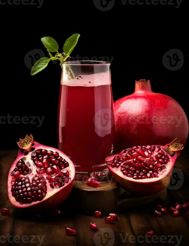 Photo of some Pomegranate Juice drink elegantly plated on a table. Generative AI