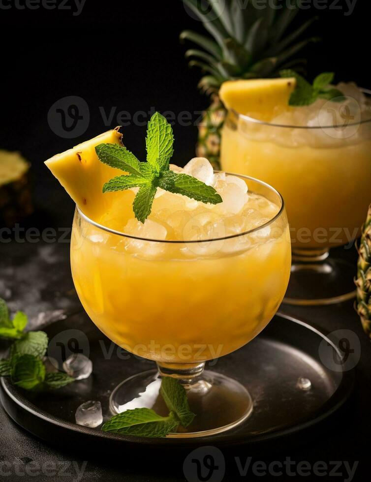 Photo of some Pineapple Punch drink elegantly plated on a table. Generative AI