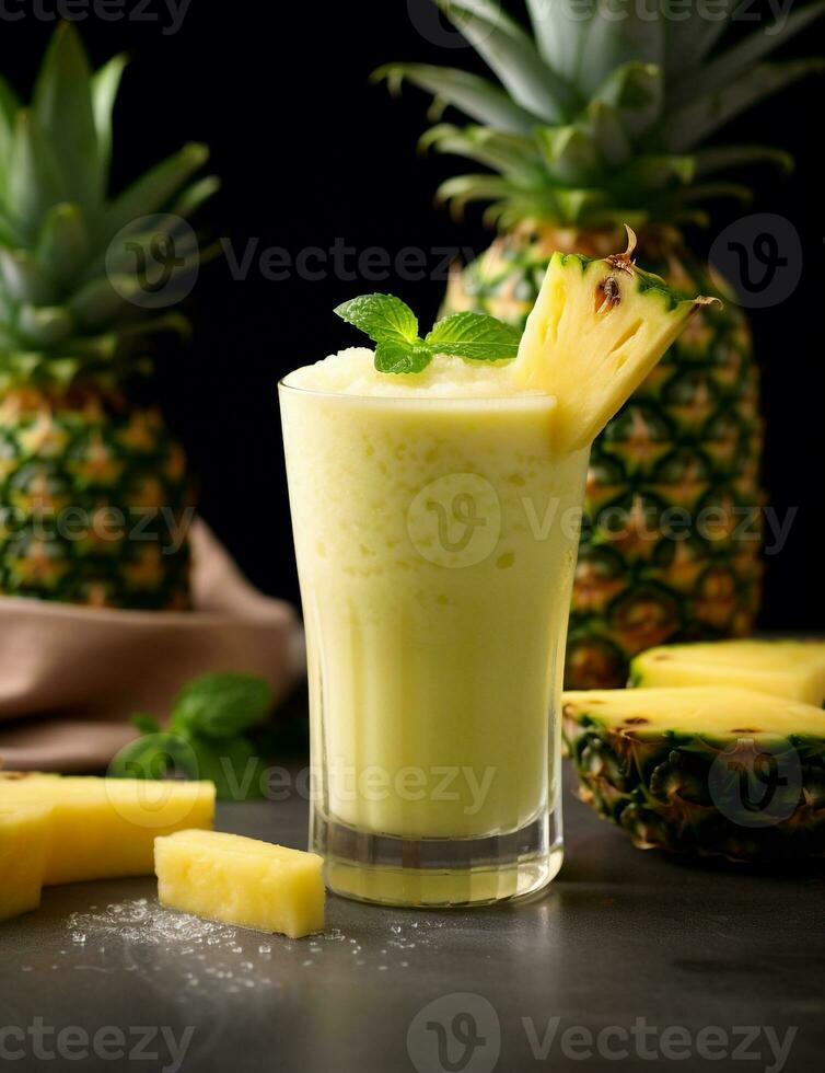 Photo of some Pineapple Gingerale Smoothie drink elegantly plated on a table. Generative AI