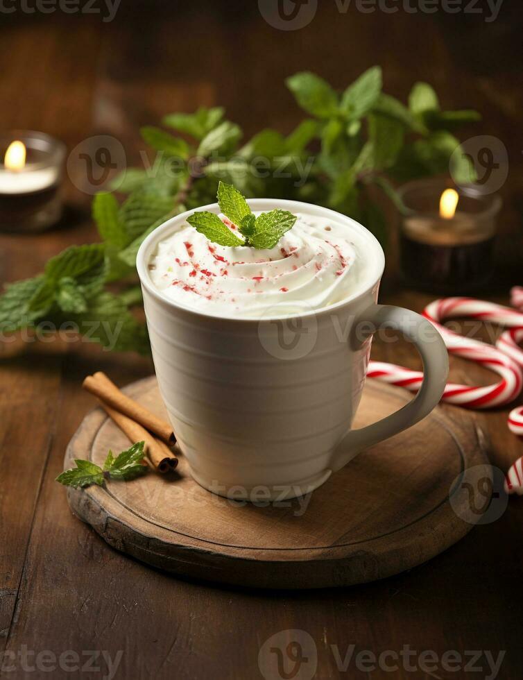 Photo of some Peppermint White Hot Chocolate drink elegantly plated on a table. Generative AI