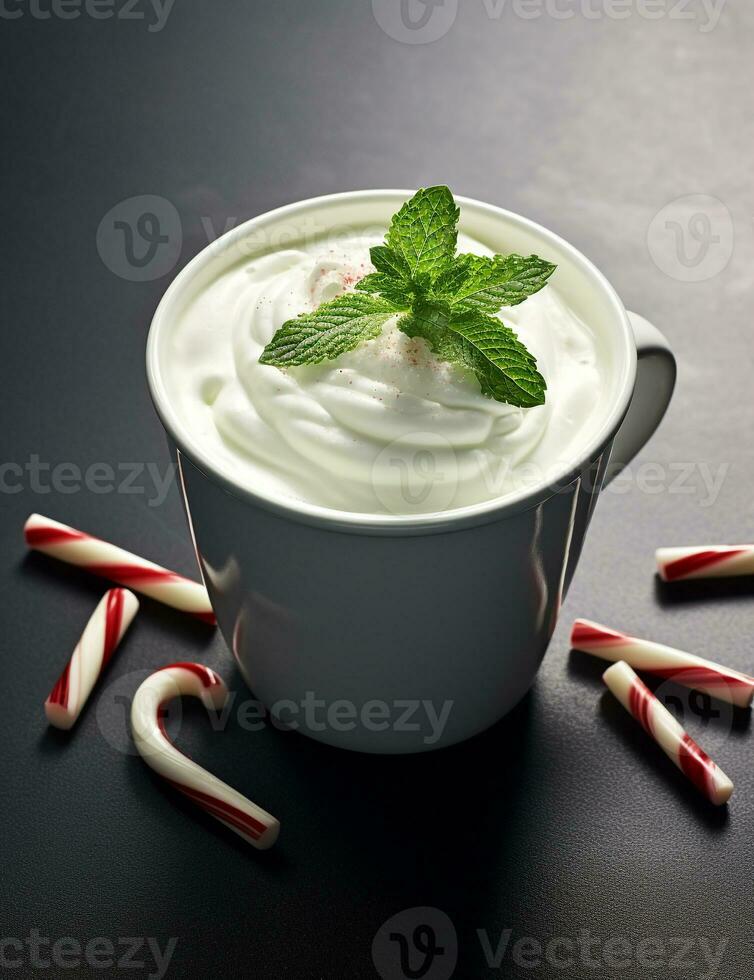 Photo of some Peppermint White Hot Chocolate drink elegantly plated on a table. Generative AI