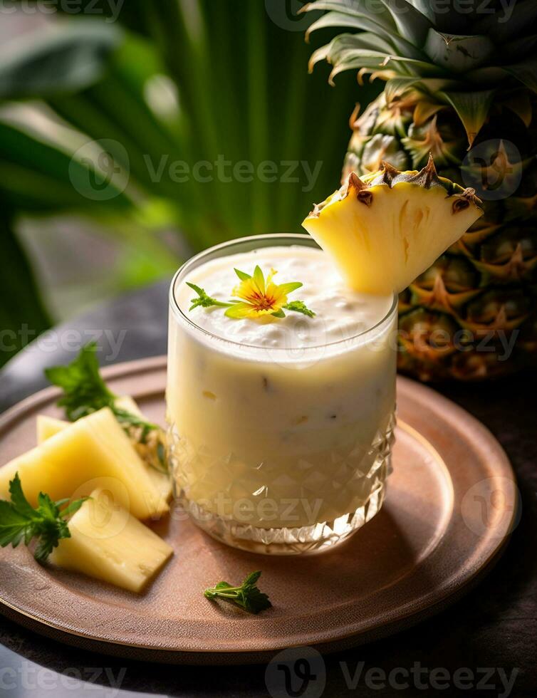 Photo of some Pineapple Coconut Smoothie drink elegantly plated on a table. Generative AI