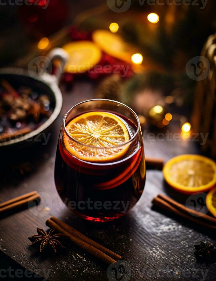 Photo of some Mulled Wine drink elegantly plated on a table. Generative AI