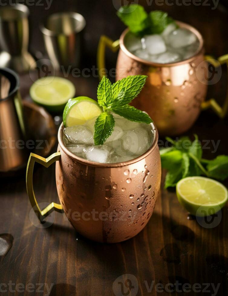 Photo of some Moscow Mule drink elegantly plated on a table. Generative AI