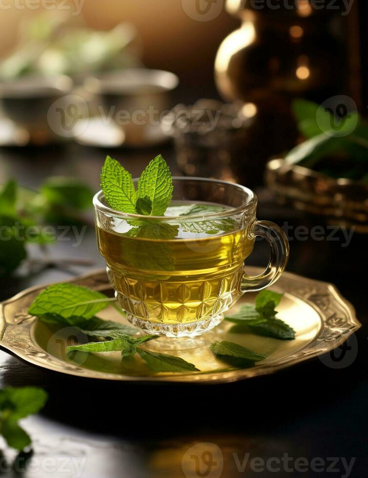 Photo of some Mint Tea drink elegantly plated on a table. Generative AI