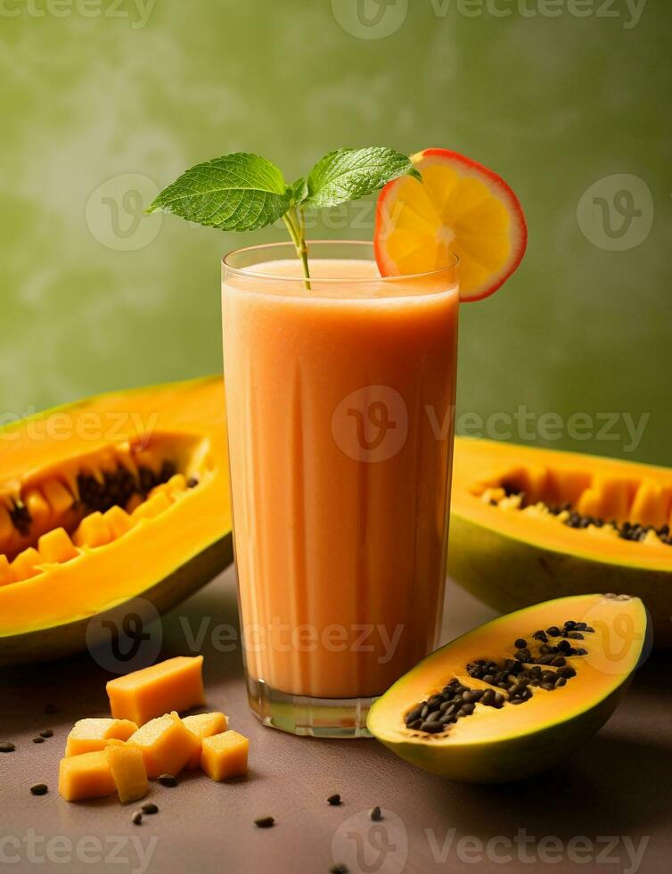 Photo of some Papaya Smoothie drink elegantly plated on a table. Generative AI