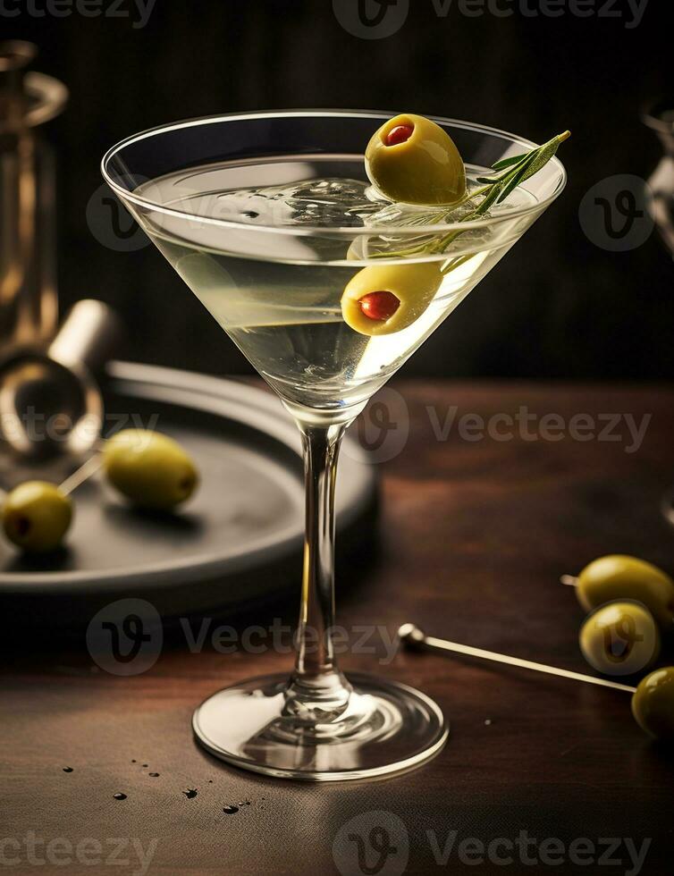 Photo of some Martini drink elegantly plated on a table. Generative AI