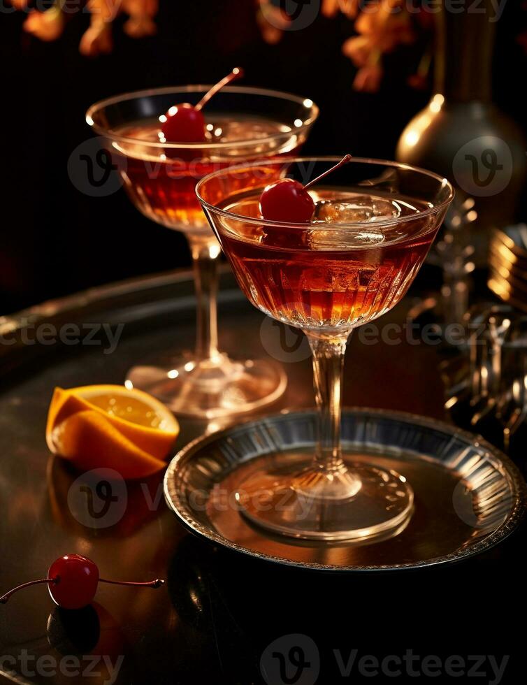 Photo of some Manhattan drink elegantly plated on a table. Generative AI