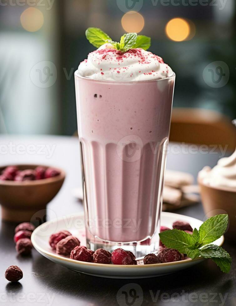 Photo of some Milkshake drink elegantly plated on a table. Generative AI