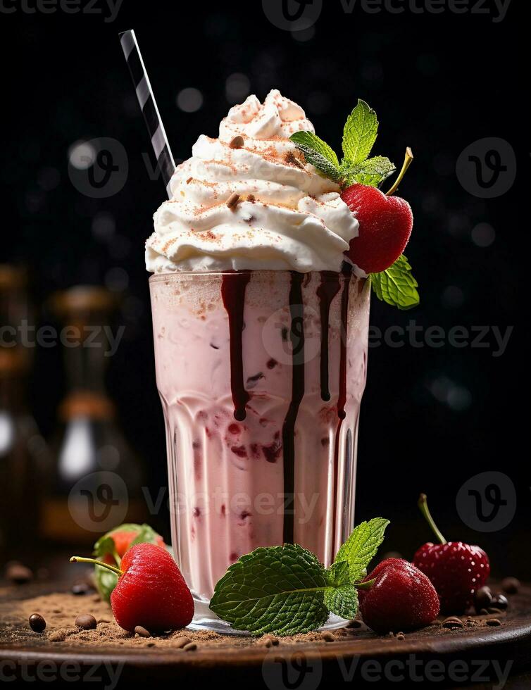 Photo of some Milkshake drink elegantly plated on a table. Generative AI