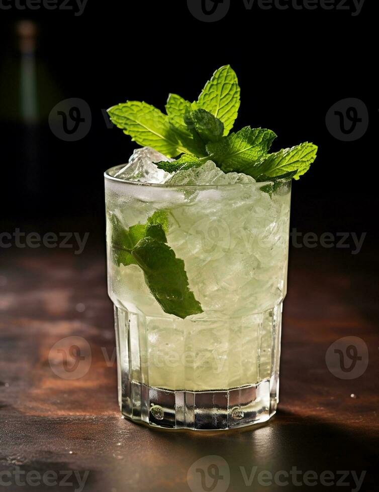 Photo of some Mint Julep drink elegantly plated on a table. Generative AI