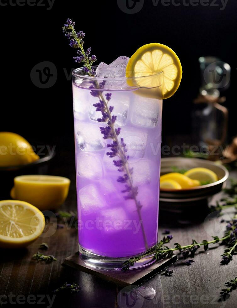 Photo of some Lavender Lemonade drink elegantly plated on a table. Generative AI