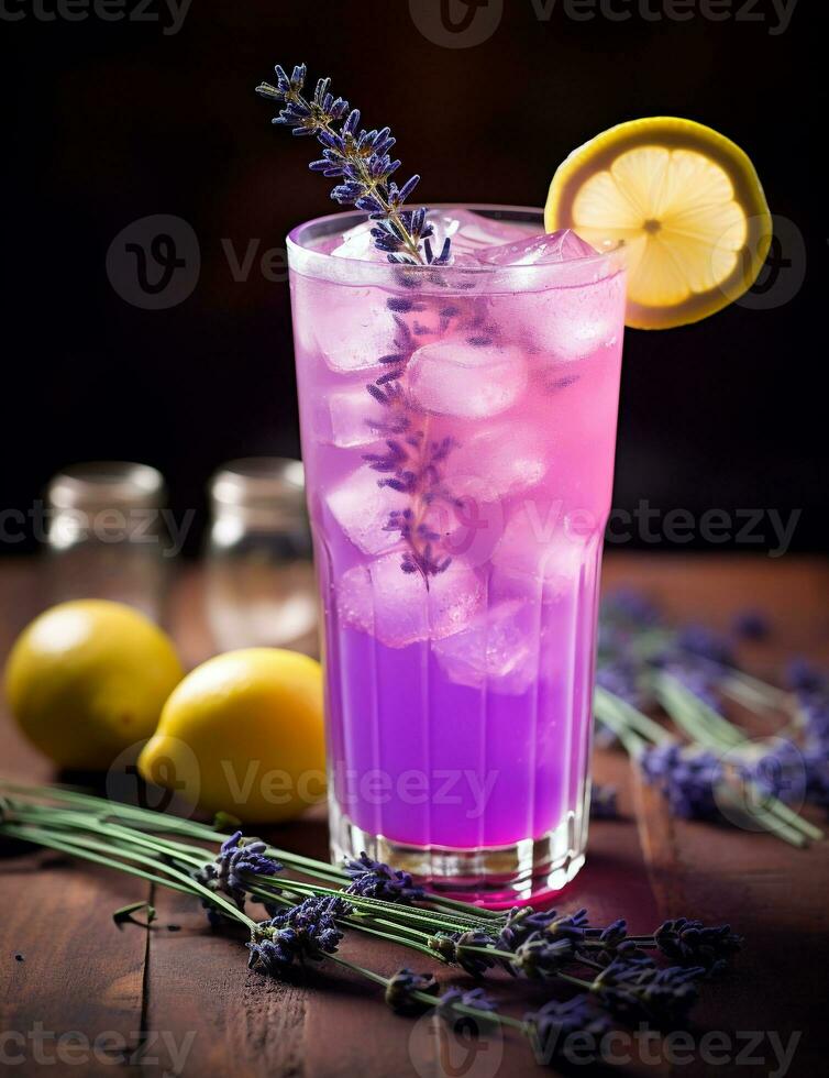 Photo of some Lavender Lemonade drink elegantly plated on a table. Generative AI