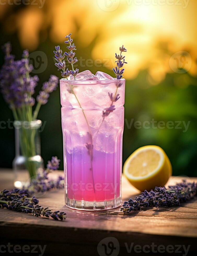 Photo of some Lavender Lemonade drink elegantly plated on a table. Generative AI