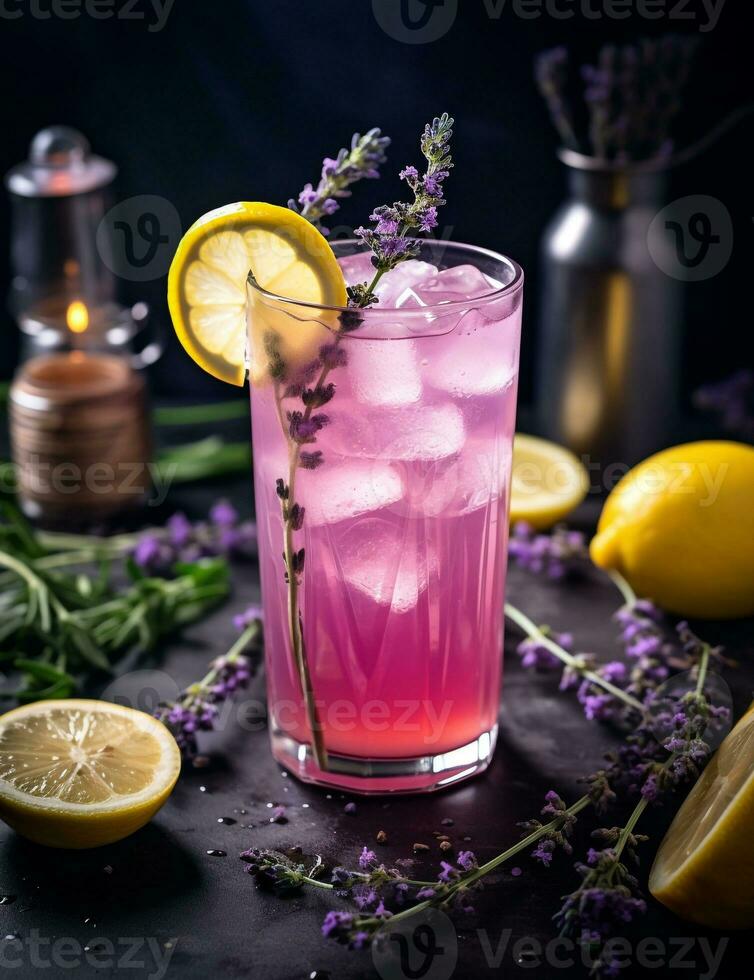 Photo of some Lavender Lemonade drink elegantly plated on a table. Generative AI