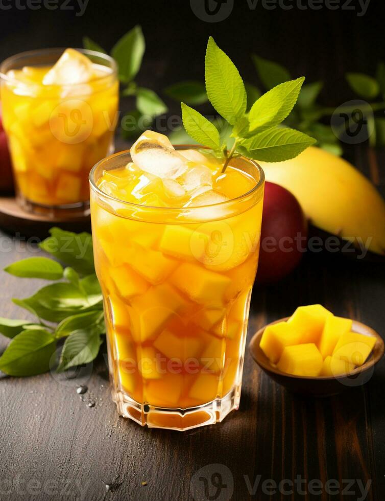 Photo of some Mango Iced Tea drink elegantly plated on a table. Generative AI